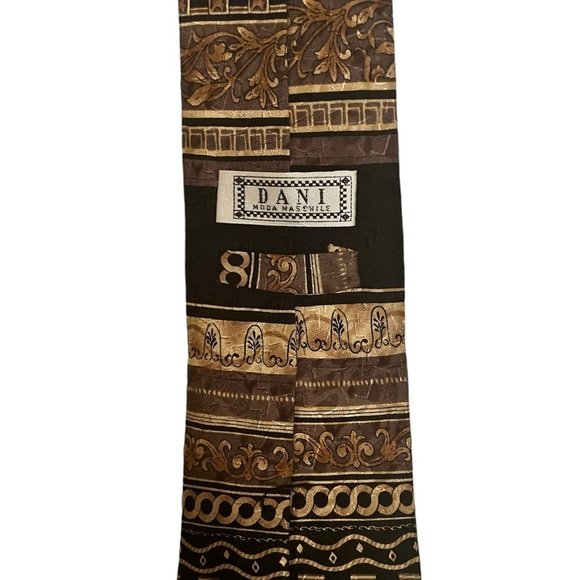 Dani Men's Necktie Tie Silk Black/Tan/brown Tapestry Scroll Stripe Hand Made - Picture 2 of 3